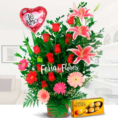 Arreglo Floral Te Amo Rosas Rojas Chocolates Globo