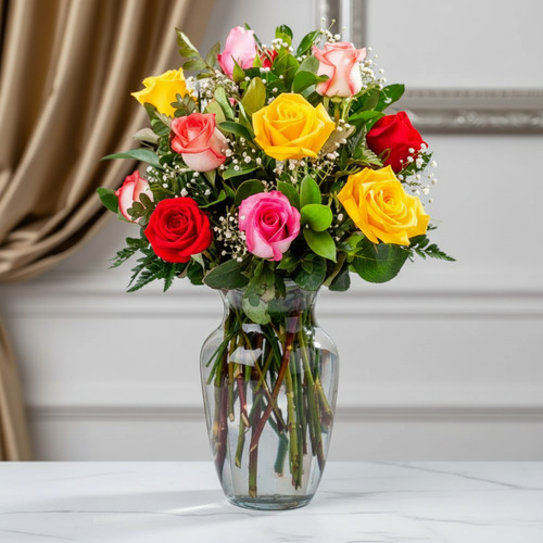 Vase with 12 Multicolored Roses