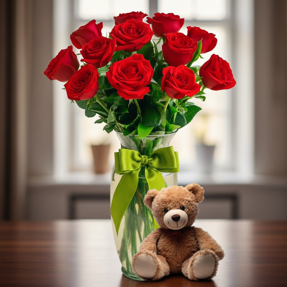 Ramo de rosas rojas en un jarrón de cristal con lazo verde sobre mesa de madera, acompañado de un oso de peluche marrón, con ventana desenfocada al fondo