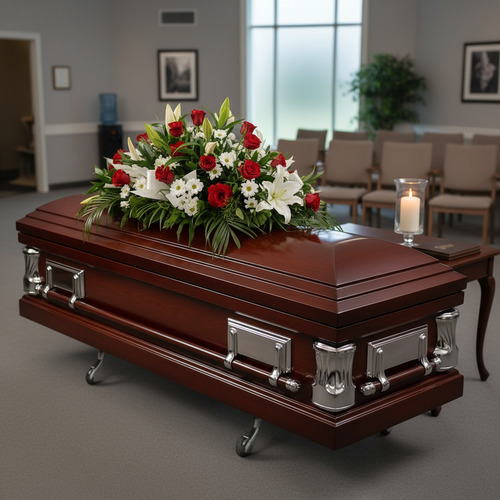 Ataúd de madera barnizada con herrajes plateados y arreglo de flores rojas y blancas en una sala de velatorio