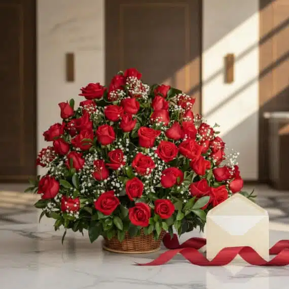 Impresionante arreglo floral Amor Gigante con docenas de rosas rojas frescas y follaje verde, presentado en una cesta de mimb