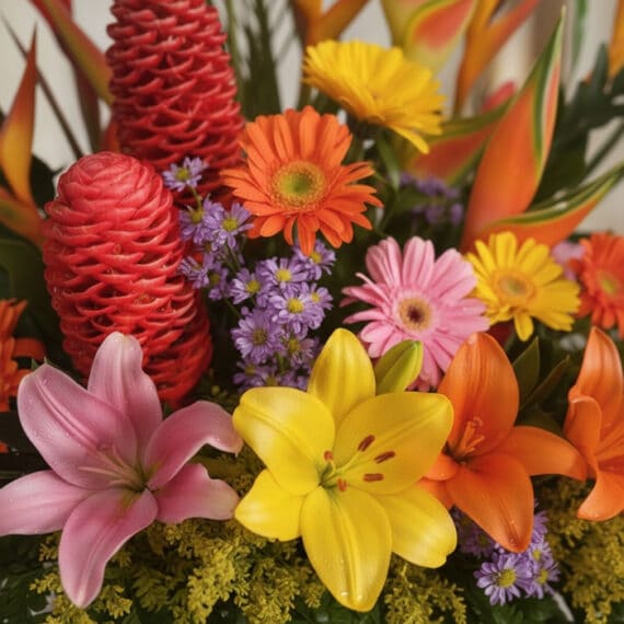 Primer plano extremo de Arreglo Floral Exótico Fusión, mostrando texturas hiperrealistas, gotas de rocío sutiles y colores vi