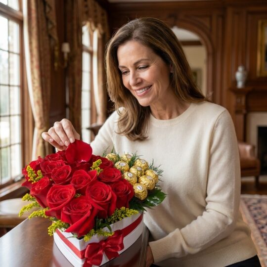 Mujer elegante admirando un Arreglo Floral Exótico Secreto en forma de corazón con rosas rojas, follaje amarillo y chocolates