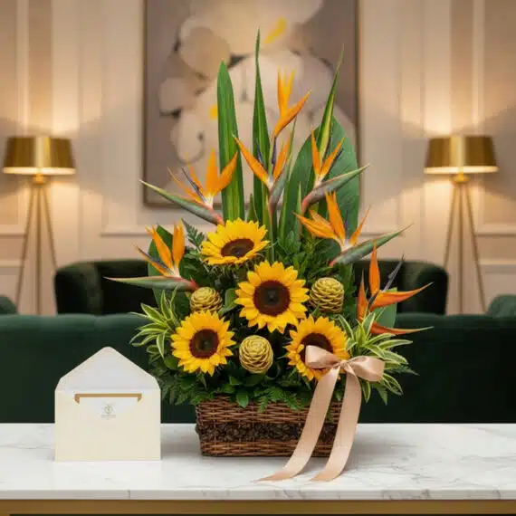 Arreglo floral de lujo con girasoles vibrantes, exóticas aves del paraíso y follaje verde, presentado en una cesta de mimbre