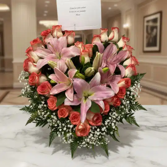 Arreglo floral Feliz Contigo con lirios rosados y rosas bicolor sobre mesa de mármol, fondo elegante de lobby de hotel boutiq