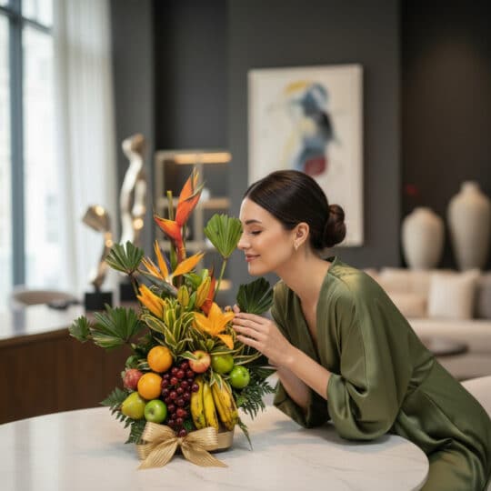 Mujer elegante oliendo un Arreglo Floral con Frutas Bahamas, destacando flores exóticas y frutas frescas en un ambiente lujos