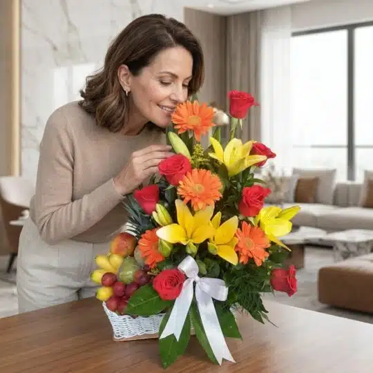 Mujer elegante de mediana edad admirando y oliendo un Arreglo Floral con Frutas Quitana, con rosas rojas, lirios amarillos y