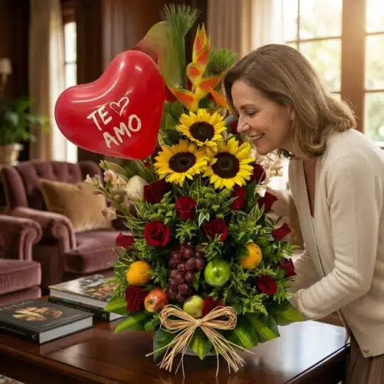 Mujer sonriente admirando un Arreglo Floral con Frutas Trópico, girasoles, rosas rojas y globo de corazón 'Te Amo' en un hoga