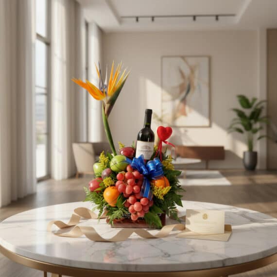 Arreglo floral gourmet ITALINA con vino tinto, uvas rojas, manzanas verdes, naranjas, flores de ave del paraíso y follaje ver