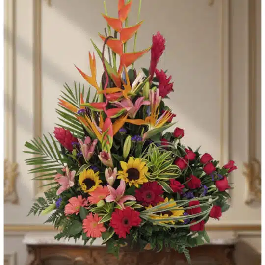 Arreglo floral IDARA con rosas rojas, girasoles, lirios, heliconias y jengibre rojo en un fondo elegante y bien iluminado.