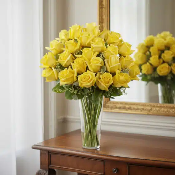 Arreglo Floral PANDORA: 36 Rosas Amarillas de Lujo y Frescura Arreglo floral PANDORA con 36 rosas amarillas frescas en un jarrón de cristal, sobre una mesa de madera elegante con un espej