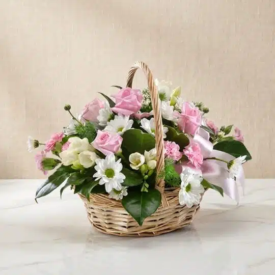 Cesta de mimbre con 12 rosas rosadas, margaritas blancas, freesias y claveles, ideal para regalar en ocasiones especiales.
