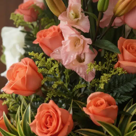 Primer plano extremo de un Arreglo Floral Suspiro con rosas coral, lirios rosados y follaje verde, adornado con sutiles gotas