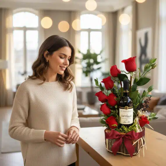 Mujer elegante admira el Arreglo Floral Verita con rosas rojas y vino, un regalo apasionado en un hogar de lujo.
