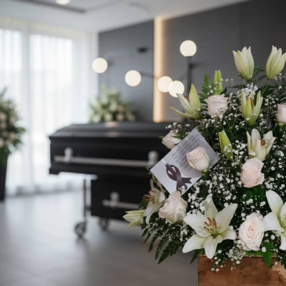 Arreglo floral fúnebre 'Infinito' con lirios blancos y rosas pálidas en primer plano, tarjeta de condolencias, ataúd sobrio d