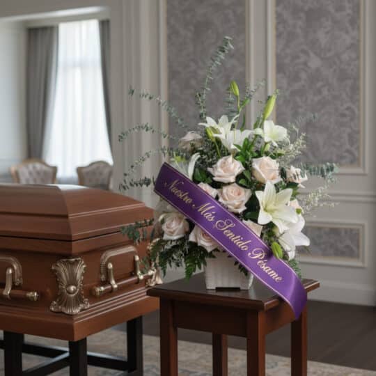 Arreglo floral fúnebre inmortal con rosas blancas, lirios y eucalipto, adornado con una cinta morada que dice 'Nuestro Más Se