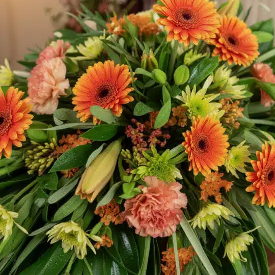 Primer plano de un arreglo floral fúnebre 'Paz Eterna' con gerberas naranjas, claveles melocotón y follaje verde, con gotas d