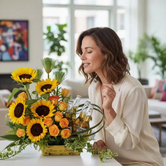 Mujer elegante admirando un arreglo floral con girasoles, rosas naranjas y cervezas Corona en un hogar de lujo. Ideal para re