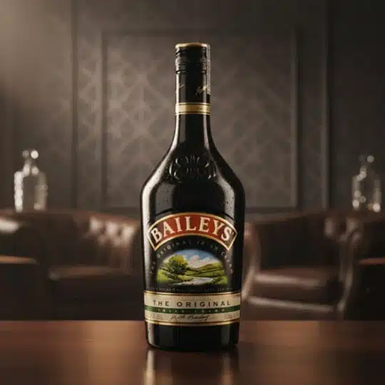 Botella de Baileys Original de 375ml con gotas de condensación, sobre una mesa de madera pulida, con un fondo elegante de cue