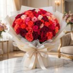 Impresionante bouquet de 72 rosas FILIPPA en tonos rojos, naranjas y rosas, con empaque coreano elegante, sobre mesa de mármo