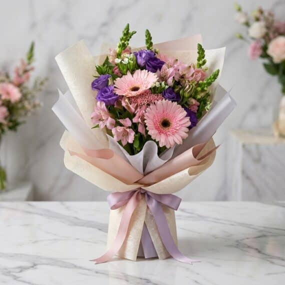 Bouquet Floral CARINA: Ternura en Gerberas y Astromelias Rosadas Bouquet Floral CARINA con gerberas y astromelias rosadas, lisianthus morados, envuelto en papel coreano elegante sobre mármol
