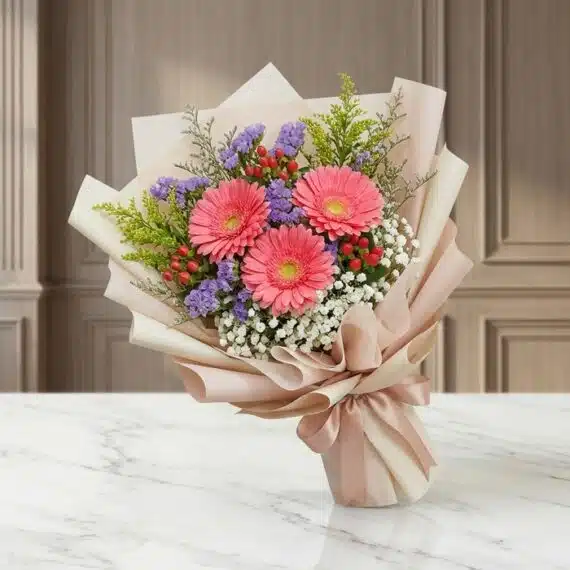 Bouquet Floral LIA: Radiante Ramo de Gerberas Amarillas para Regalar Bouquet Floral LIA con gerberas amarillas vibrantes, envuelto en papel coreano elegante, sobre una superficie de mármol pulid