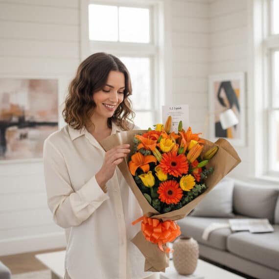 Mujer joven sonriente admirando un Bouquet Floral LIRICA con lirios naranjas y rosas amarillas, envuelto en papel kraft con m