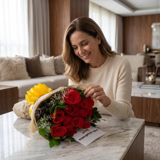 Mujer sonriente admirando un hermoso bouquet de rosas rojas y chocolates, envuelto en papel kraft con un lazo amarillo, sobre