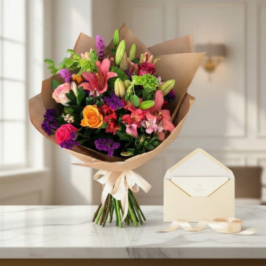 Bouquet SOFIA con rosas, lirios y flores primaverales, envuelto en yute, sobre mármol con tarjeta de regalo y cinta satinada.