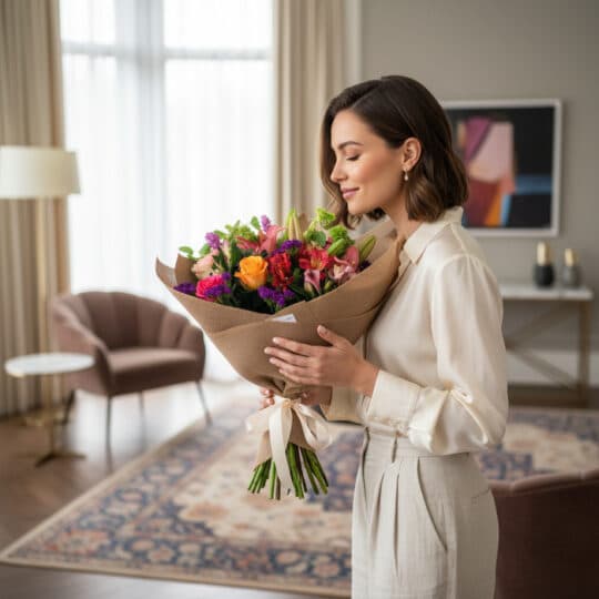 Mujer elegante admirando y oliendo un Bouquet SOFIA con rosas naranjas, lirios verdes y flores moradas, envuelto en yute, en