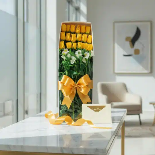 Caja de 18 rosas amarillas frescas con alstroemerias blancas, lazo dorado, tarjeta de regalo y cinta de satén sobre mesa de m