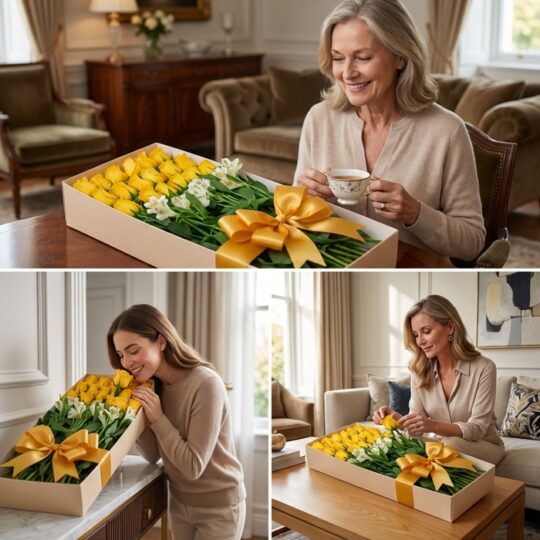 Tres imágenes de mujeres elegantes disfrutando de una caja de 18 rosas amarillas y alstroemerias blancas con un lazo dorado e