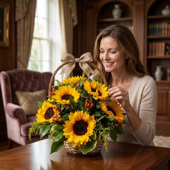Mujer elegante sonriendo y admirando una canasta floral con 12 girasoles, bayas rojas y follaje verde en un lujoso interior d