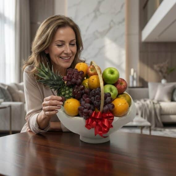 Mujer de mediana edad sonriendo y admirando una canasta de frutas gourmet con piña, uvas, manzanas y naranjas, en un entorno