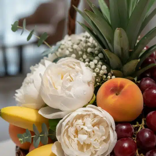 Primer plano extremo de la Canasta con Frutas Hydra, mostrando peonías blancas con gotas de rocío, duraznos, uvas rojas y plá