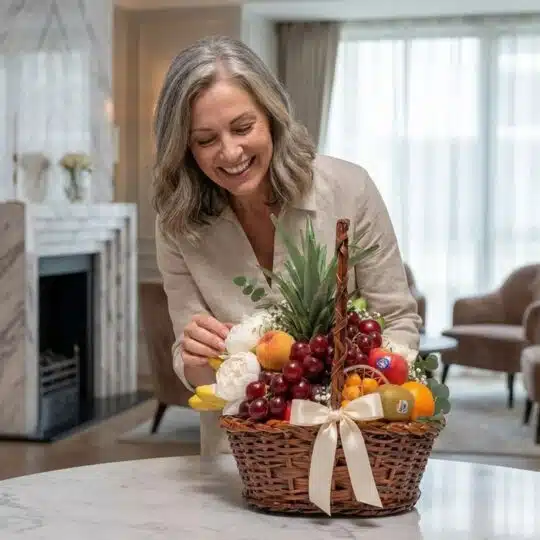 Mujer elegante de mediana edad admirando y tocando delicadamente una Canasta con Frutas Hydra, con piña, uvas, duraznos, plát