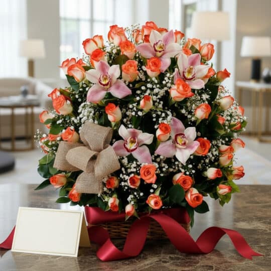 Canasta de rosas y orquídeas en tonos salmón y rosa, con gypsophila y un lazo de yute, sobre una mesa de mármol con una cinta