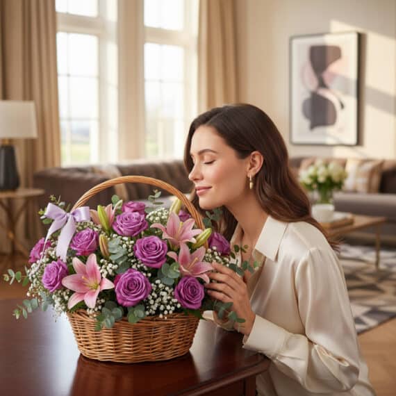 Mujer joven y elegante oliendo una cesta de flores AZURE con rosas moradas y lirios rosados en un salón de diseño moderno.