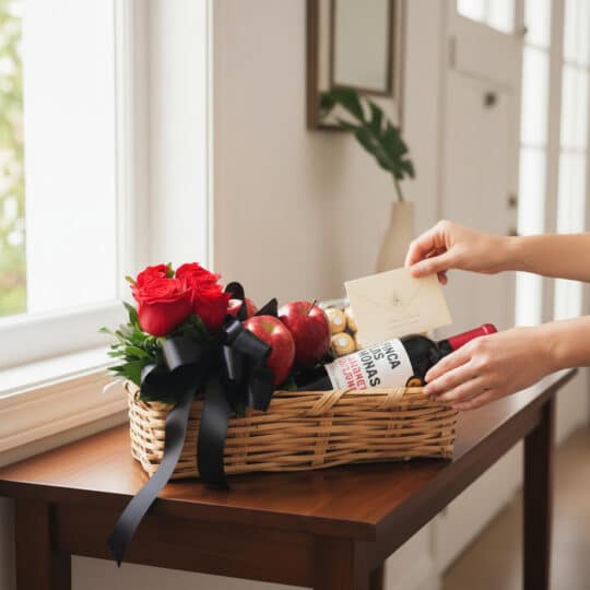 Manos colocando una tarjeta en una elegante cesta de regalo con rosas rojas, vino tinto, manzanas y chocolates Ferrero Rocher