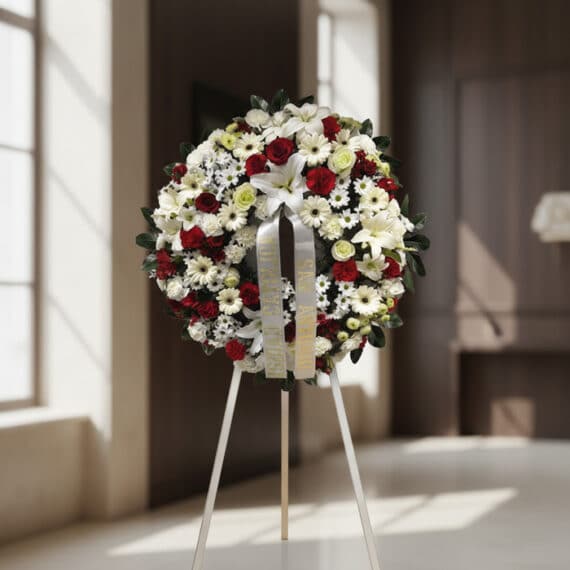 Corona de Homenaje Fúnebre Ararat: Elegancia Floral para Despedidas Corona de homenaje fúnebre Ararat con flores blancas y rojas, lirios, rosas y margaritas, sobre un trípode en una sala de vel