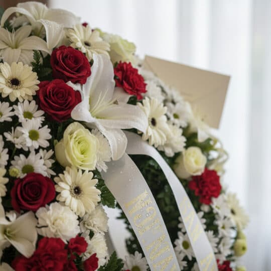 Primer plano de la Corona de Homenaje Fúnebre Ararat con rosas rojas, lirios blancos y margaritas, con rocío sutil y cinta sa