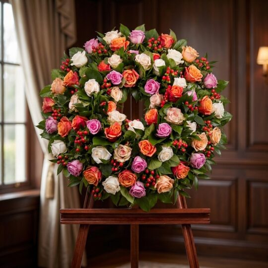 Corona fúnebre Atalia con rosas blancas, naranjas y moradas, bayas rojas, sobre caballete de madera en sala de velación premi