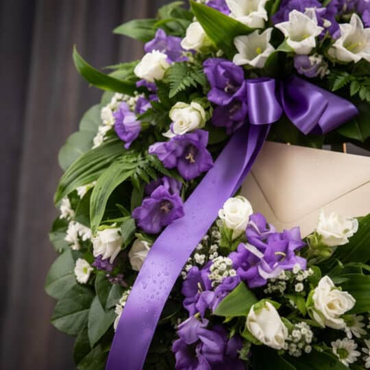 Primer plano de una corona fúnebre 'Homenaje a Daniel' con flores blancas y moradas, follaje verde, cinta satinada morada con