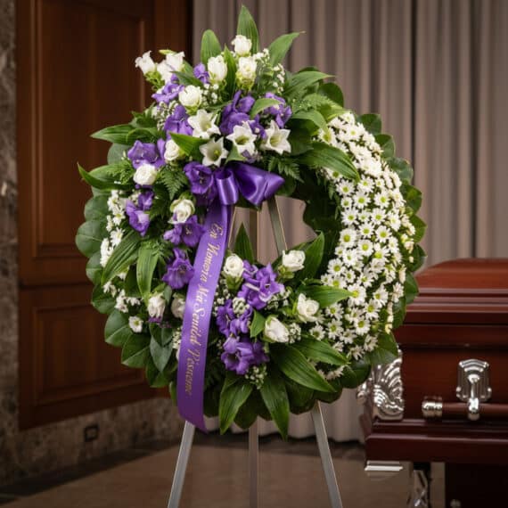 Corona fúnebre 'Homenaje a Daniel' con flores blancas y moradas, cinta morada con mensaje, en sala de velación elegante junto