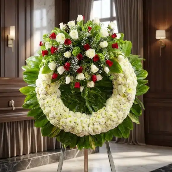 Corona Fúnebre «Legado de Hildegarda»: Rosas Blancas y Rojas, Elegancia Sobria Corona fúnebre "Legado de Hildegarda" con rosas blancas y rojas, crisantemos blancos y follaje verde, en sala de velación pre