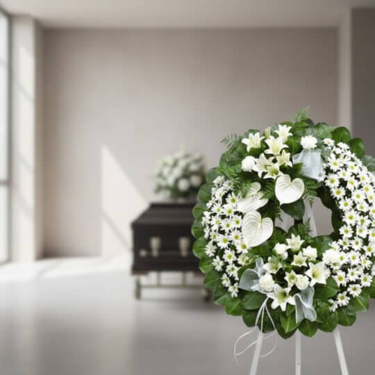 Corona fúnebre "Legado de Paz" con flores blancas, lirios, anthuriums y margaritas, en sala de velación moderna con ataúd al