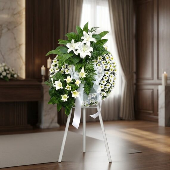 Corona de Homenaje «El Vuelo de Uriel» con Lirios y Margaritas Blancas Corona de homenaje "El Vuelo de Uriel" con lirios blancos, margaritas y follaje verde, sobre un trípode blanco en una sala de