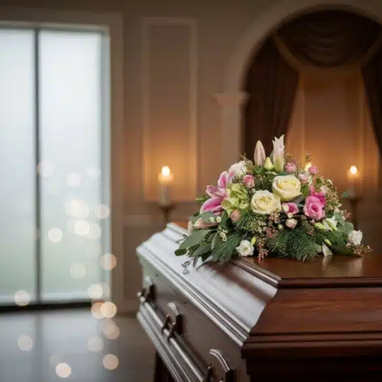Arreglo floral cubre caja Genoveva con rosas blancas, lirios y follaje sobre un ataúd de madera en una sala de velación moder