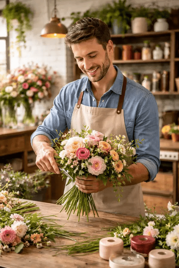 Florist in Medellin preparing a floral arrangement