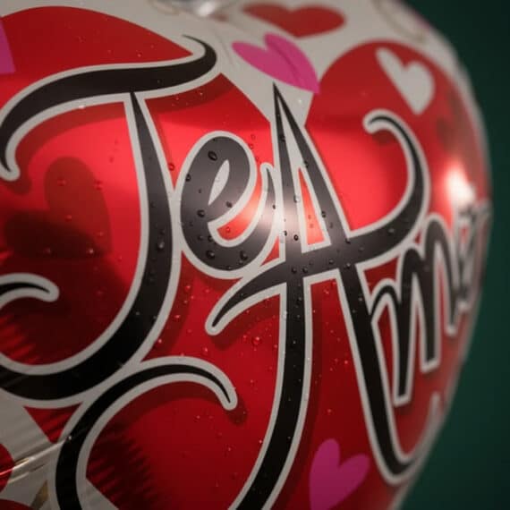 Primer plano extremo de un globo metalizado rojo y blanco con la frase 'Te Amo' en negro, cubierto de sutiles gotas de rocío